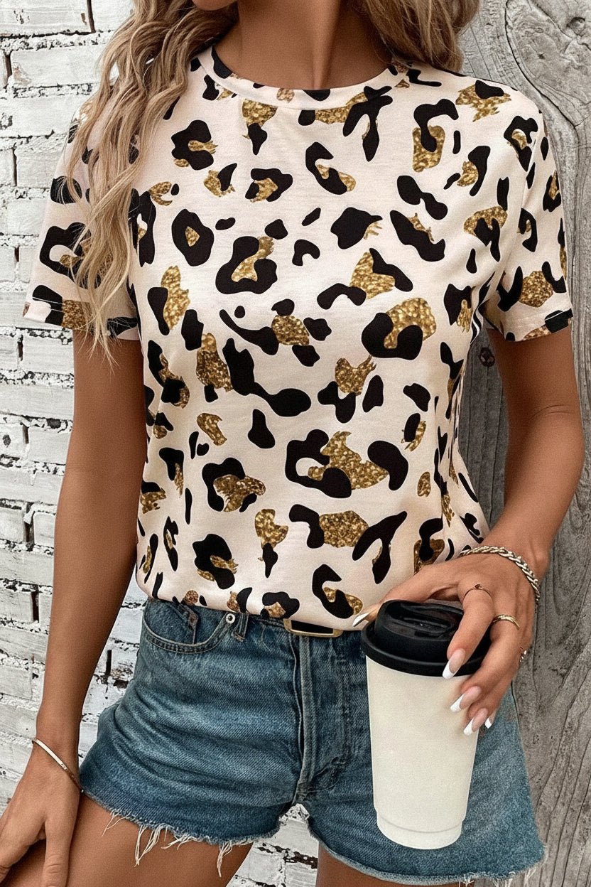 Apricot Leopard Print Round Neck Casual T Shirt