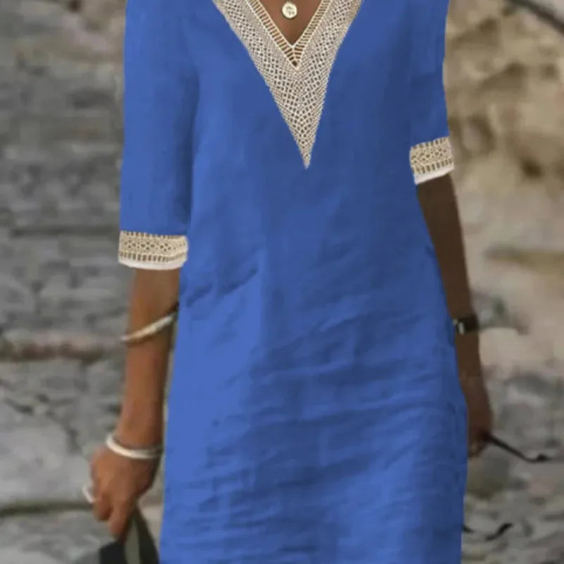 Solid Color V-neck Half Sleeve Cotton And Linen Casual Dress