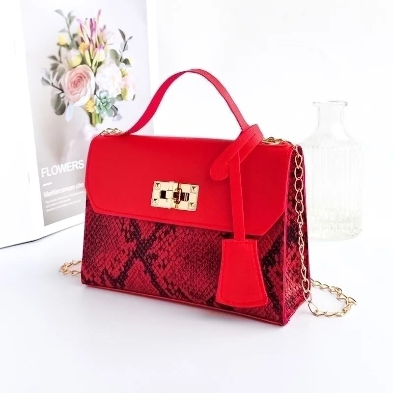Pu Leather Snakeskin Fashion Square Lock Clasp Crossbody Bag