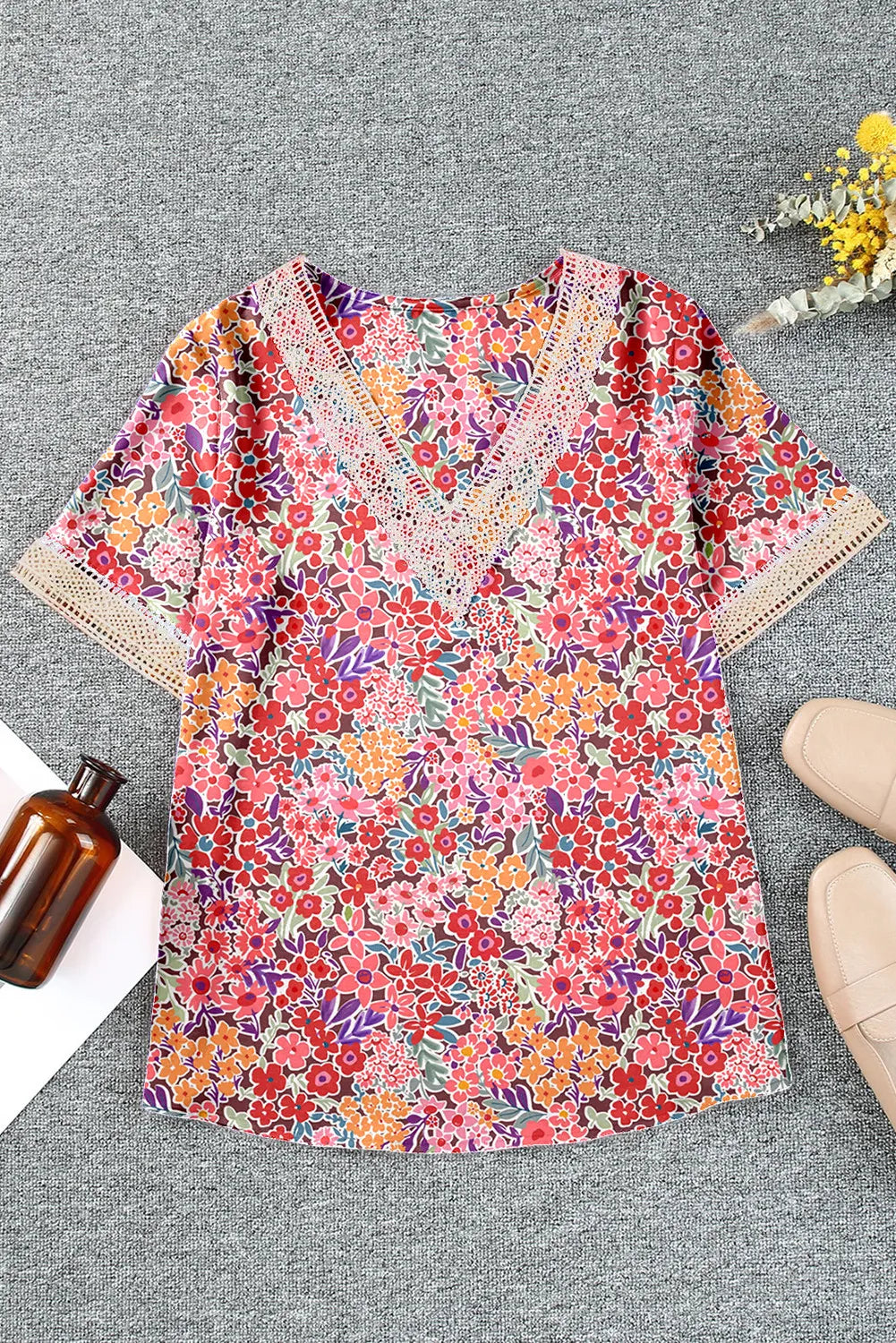 Multicolor Lace Trim V Neck Short Sleeve Blouse