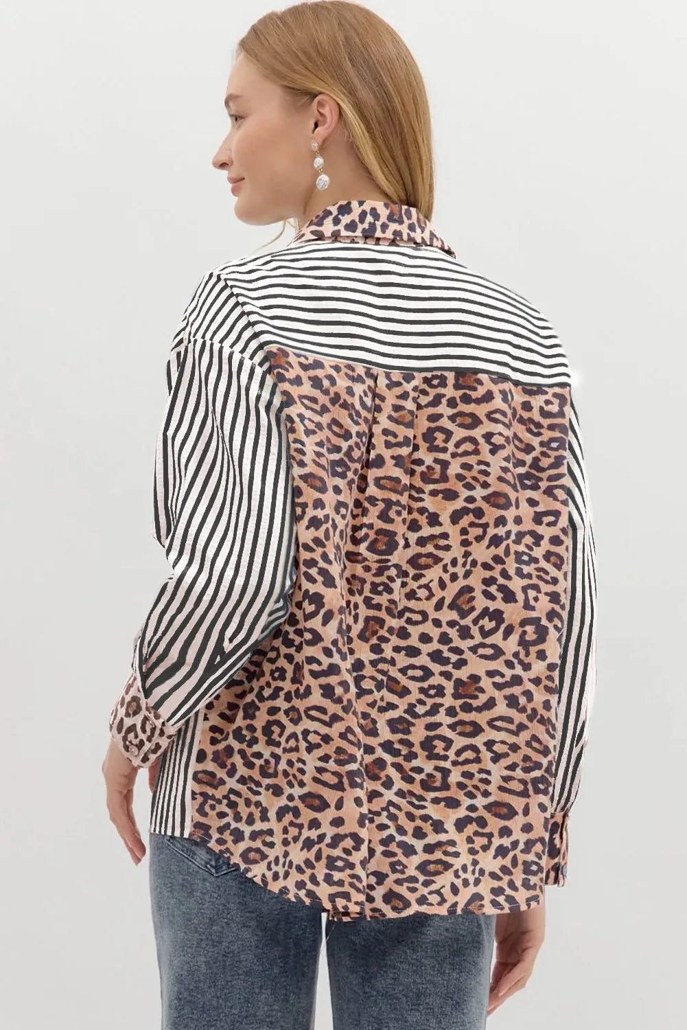 Striped Leopard Print Patchwork Button Up Shirt
