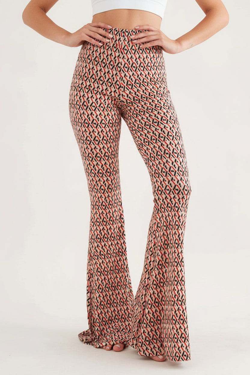ELASTIC WAIST BELL LEG MULTI PRINT PANTS- Inseam 31IN