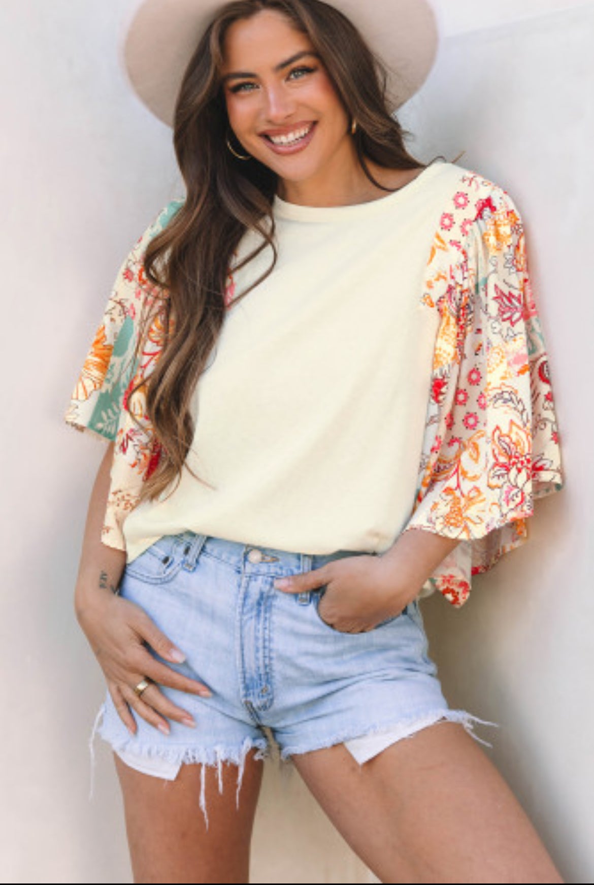 Beige Floral Patchwork Half Batwing Sleeve Blouse
