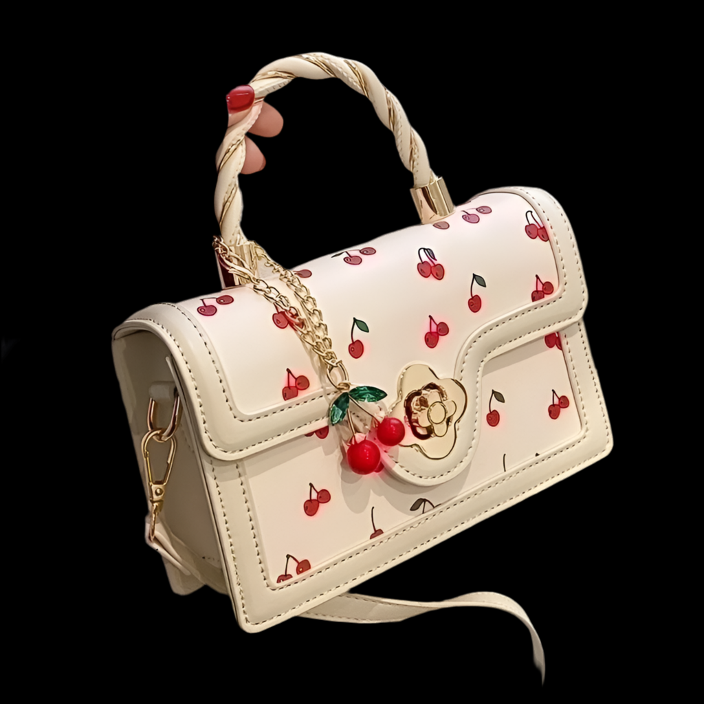 Pu Leather Cherry Print Metal Button Square Buckle Handbag Crossbody Bag