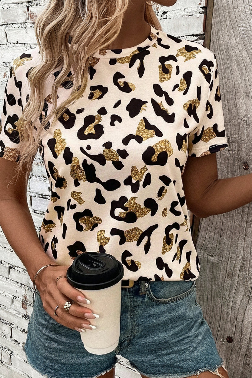Apricot Leopard Print Round Neck Casual T Shirt