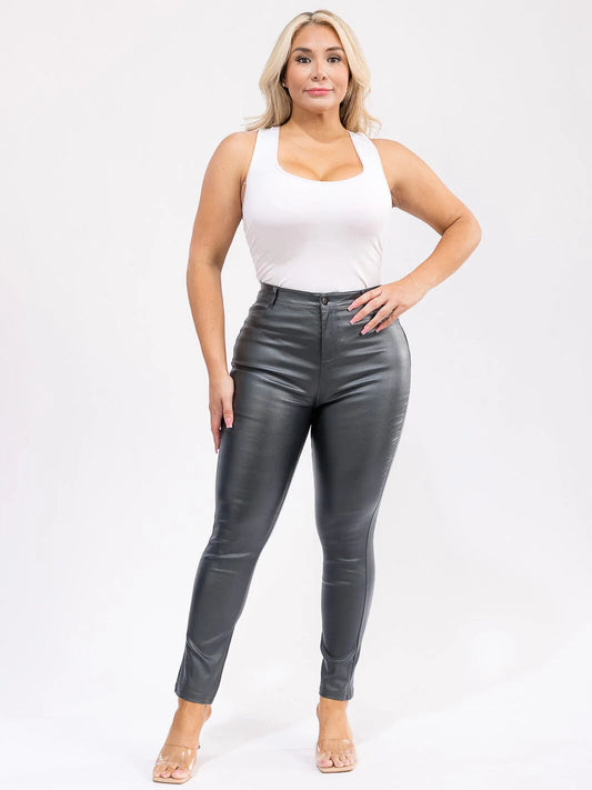 BUTTON CLOSURE CARGO POCKETS PU PLEATHER SKINNY LEG PANTS- INSEAM 28IN