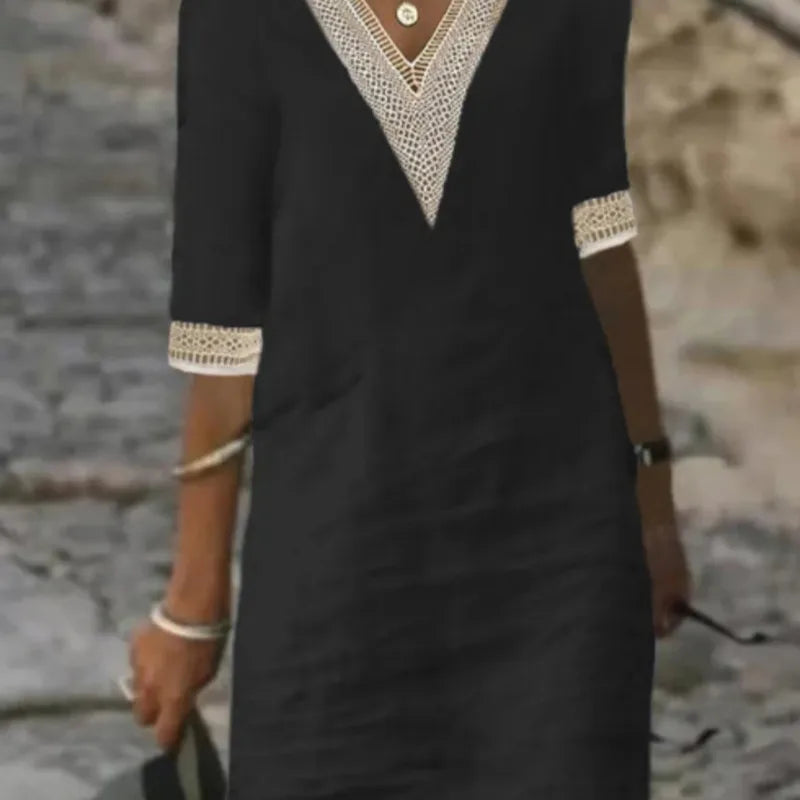 Solid Color V-neck Half Sleeve Cotton And Linen Casual Dress