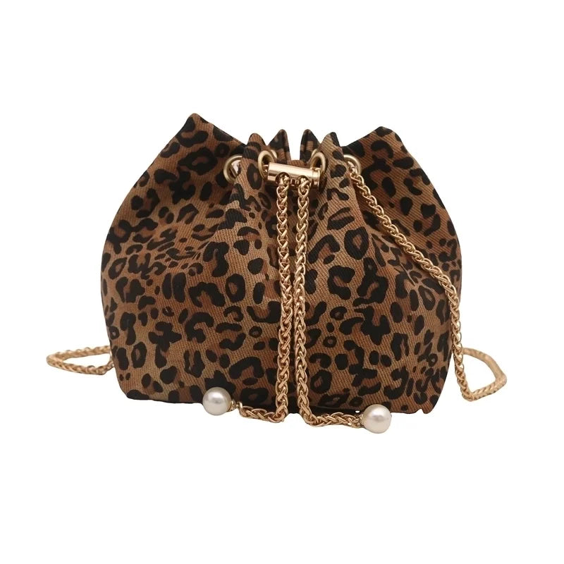 Leopard Cloth Basic Vintage Style Bucket String Shoulder Bag Crossbody Bag
