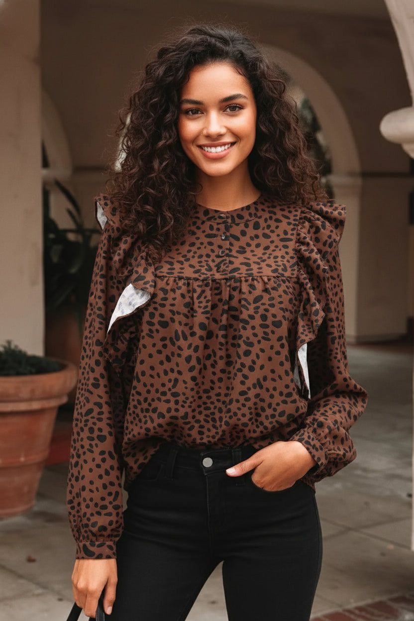 Brown Leopard Print Ruffled Puff Sleeve Blouse