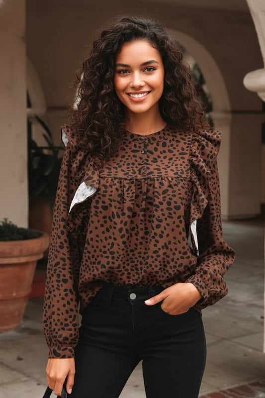 Brown Leopard Print Ruffled Puff Sleeve Blouse