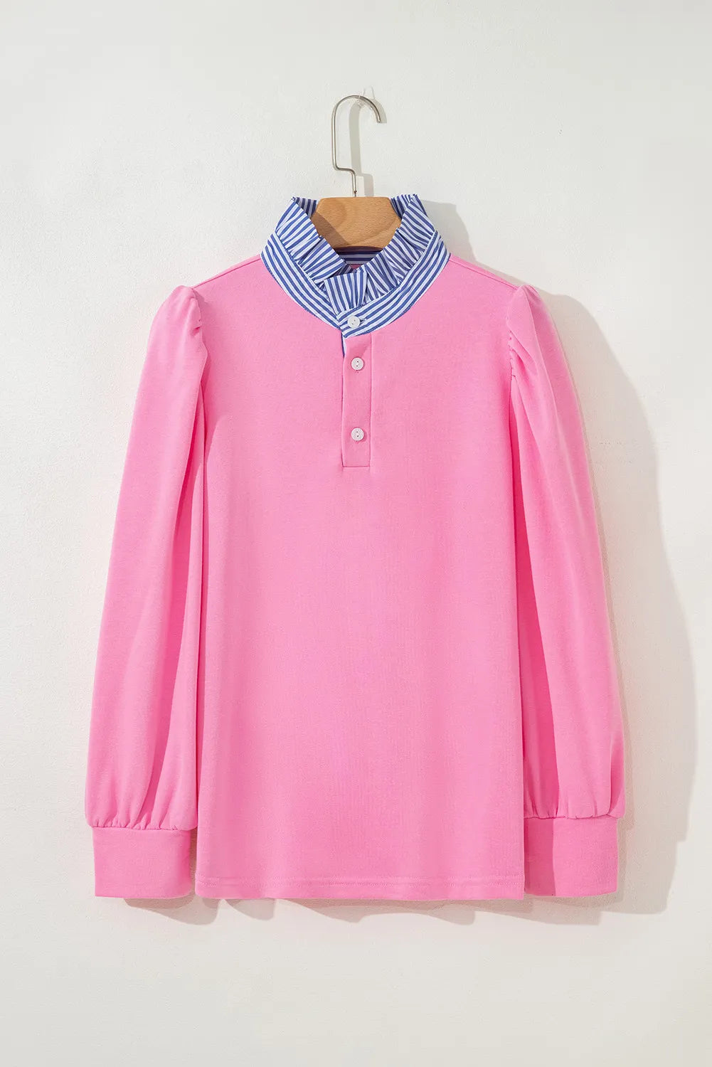 Button Striped Collar Patchwork Puff Sleeve Sweatshirt