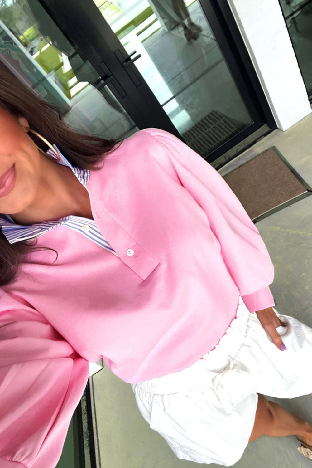 Button Striped Collar Patchwork Puff Sleeve Sweatshirt