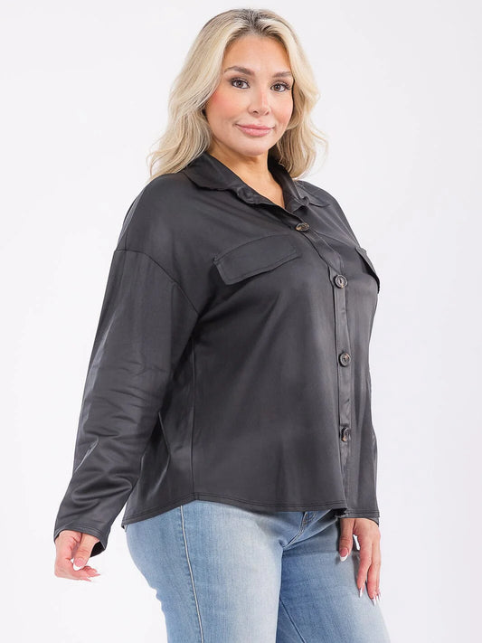 LONG SLEEVE BUTTON UP PU PLEATHER TOP