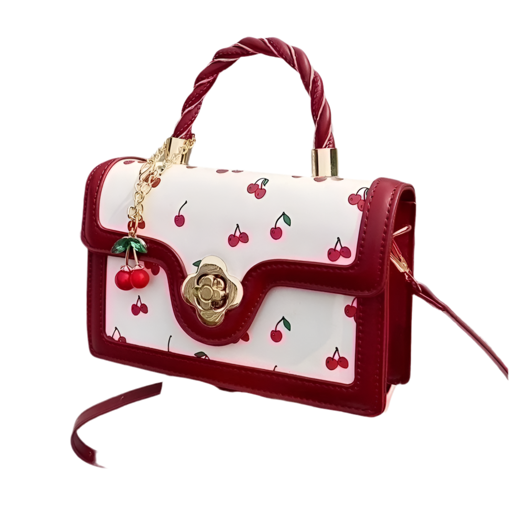 Pu Leather Cherry Print Metal Button Square Buckle Handbag Crossbody Bag