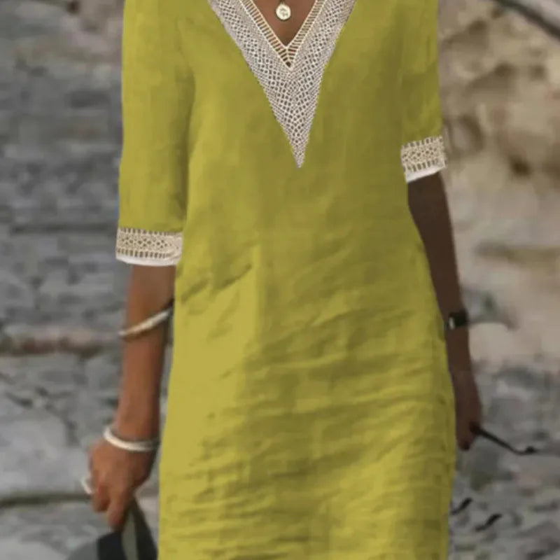 Solid Color V-neck Half Sleeve Cotton And Linen Casual Dress