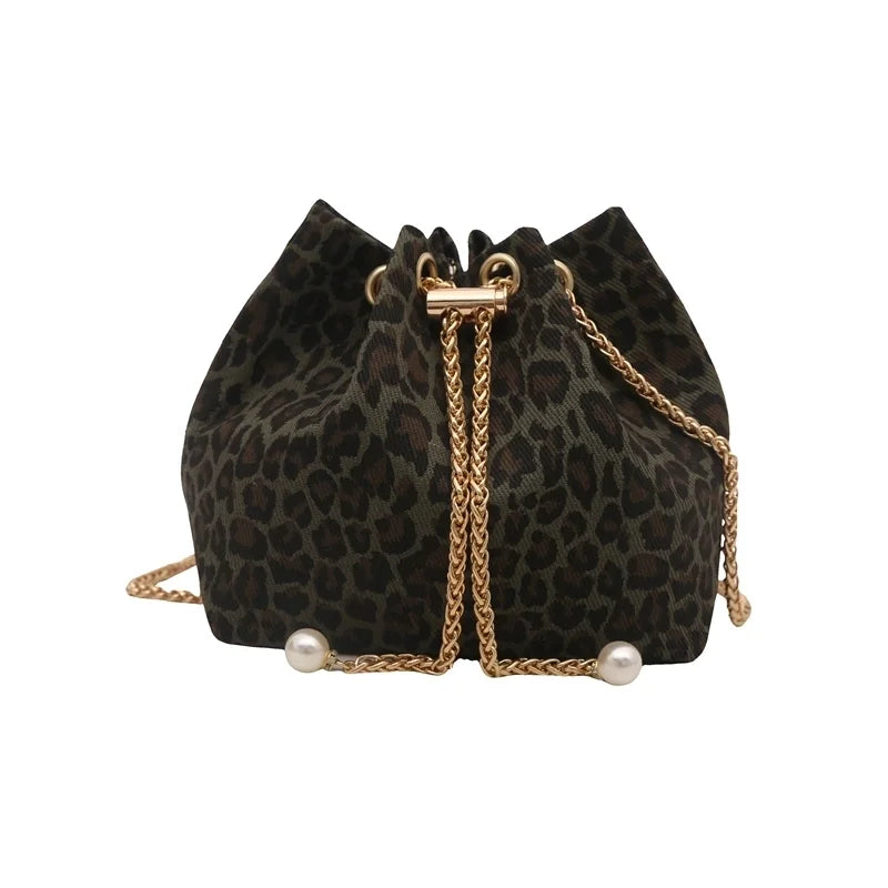 Leopard Cloth Basic Vintage Style Bucket String Shoulder Bag Crossbody Bag