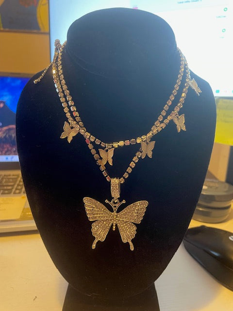 Fancy Butterfly Flutter Two-Layer Bedazzled Necklace