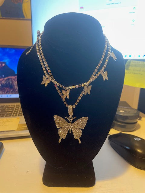 Fancy Butterfly Flutter Two-Layer Bedazzled Necklace