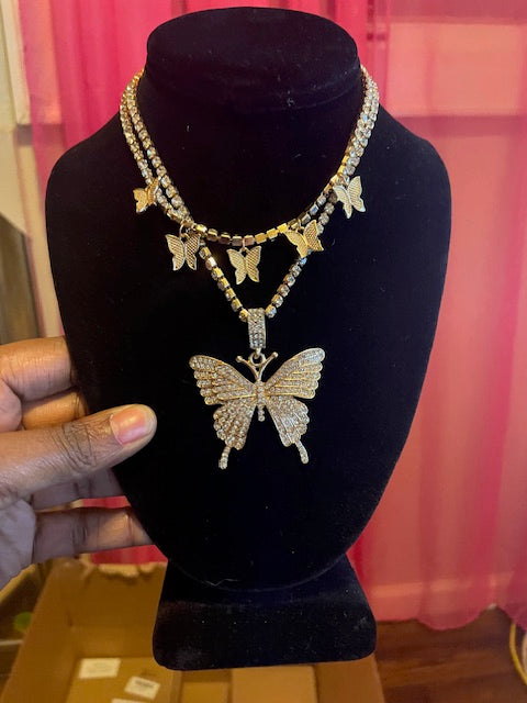 Fancy Butterfly Flutter Two-Layer Bedazzled Necklace