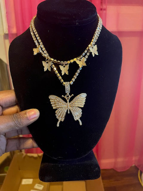 Fancy Butterfly Flutter Two-Layer Bedazzled Necklace