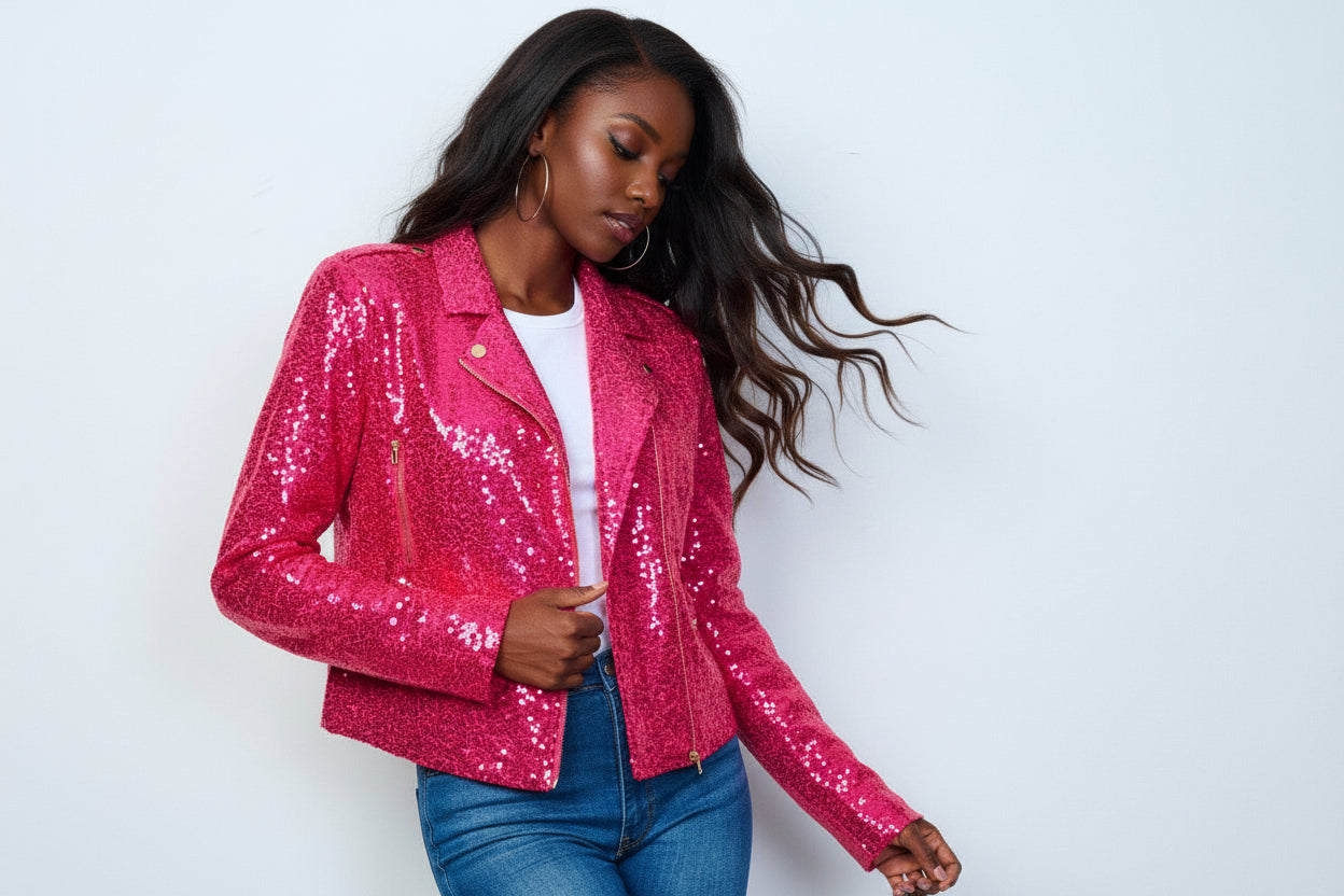 LONG SLEEVE ZIP UP SEQUINS BLAZER