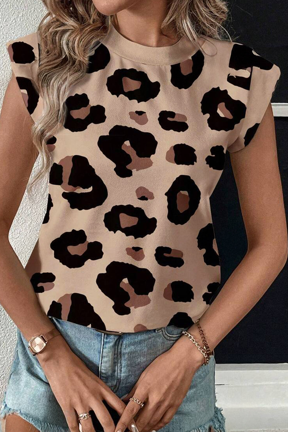 Khaki Leopard Crew Neck Cap Sleeve Casual Tee