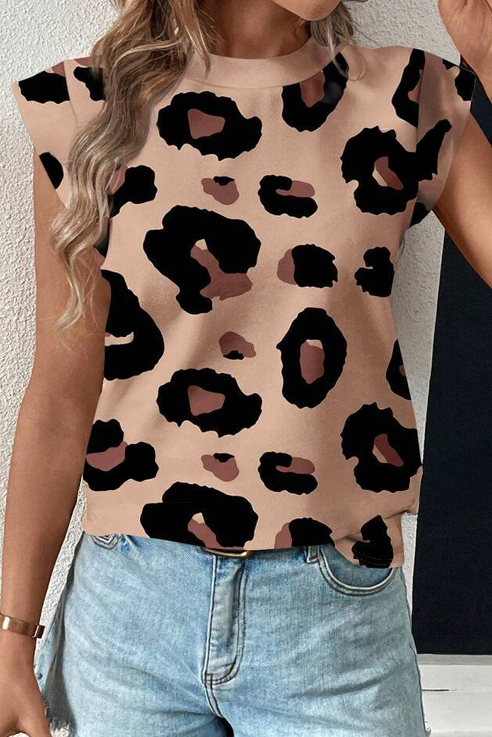 Khaki Leopard Crew Neck Cap Sleeve Casual Tee