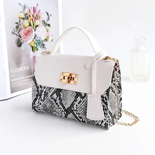Pu Leather Snakeskin Fashion Square Lock Clasp Crossbody Bag