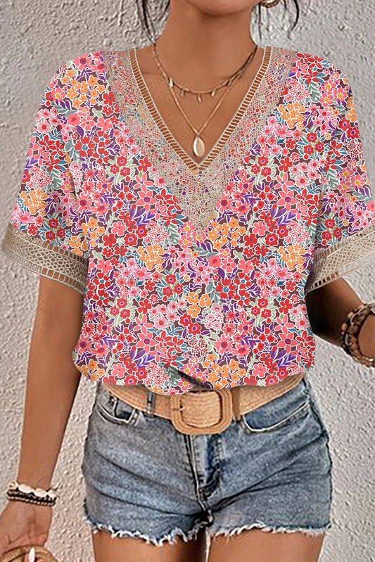 Multicolor Lace Trim V Neck Short Sleeve Blouse