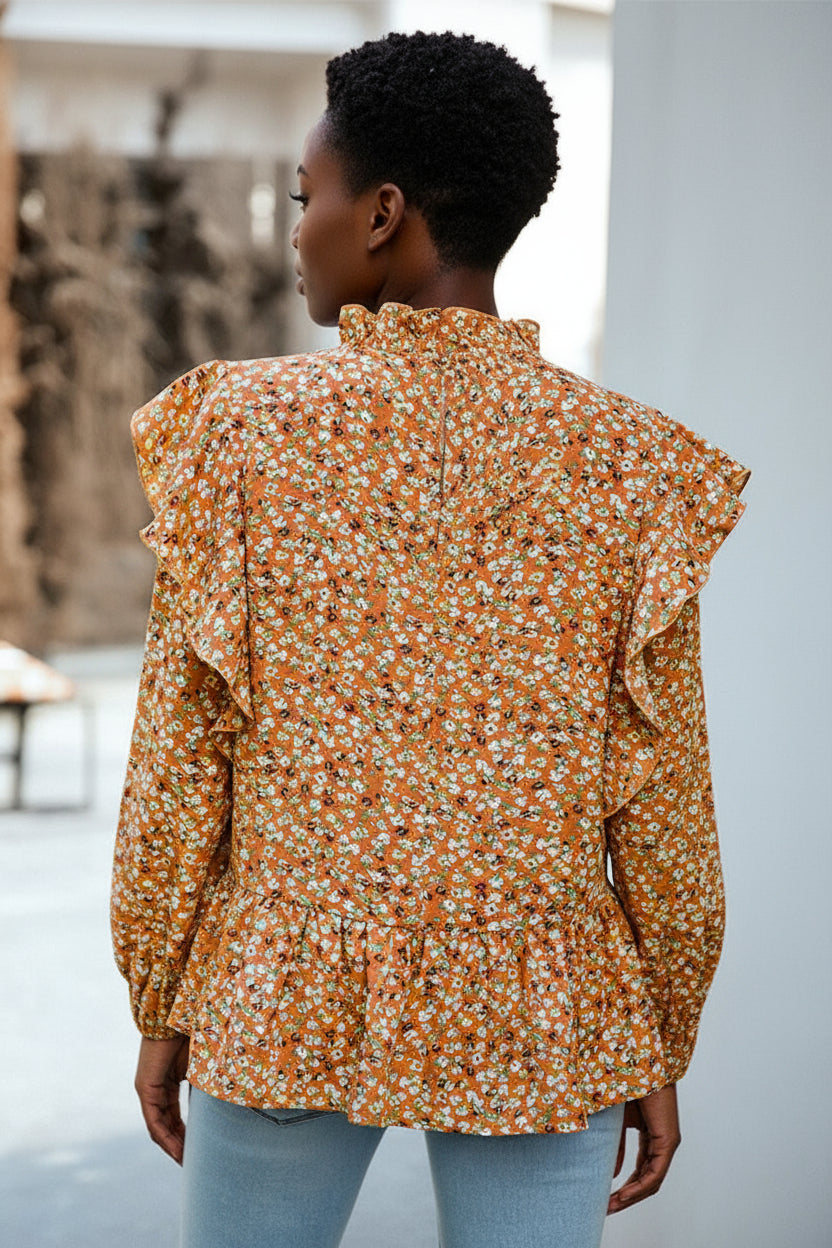 Orange Ruffle Collar Long Sleeve Peplum Top