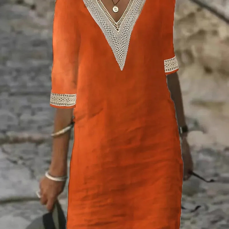 Solid Color V-neck Half Sleeve Cotton And Linen Casual Dress