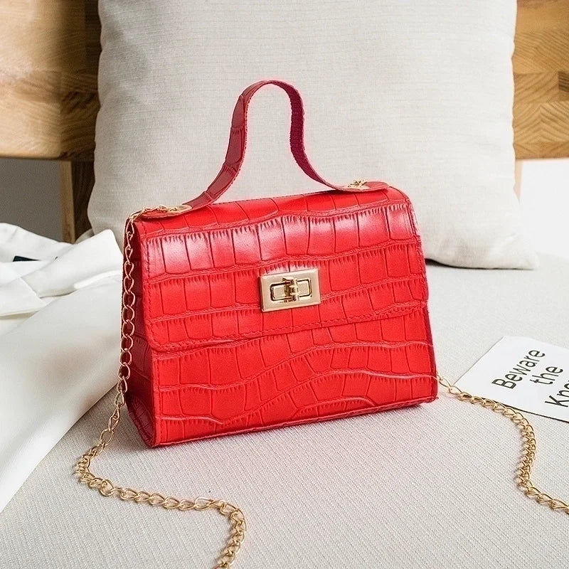 Small Pu Leather Solid Color Fashion Square Lock Clasp Crossbody Bag