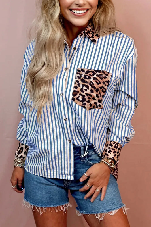 Striped Leopard Print Patchwork Button Up Shirt