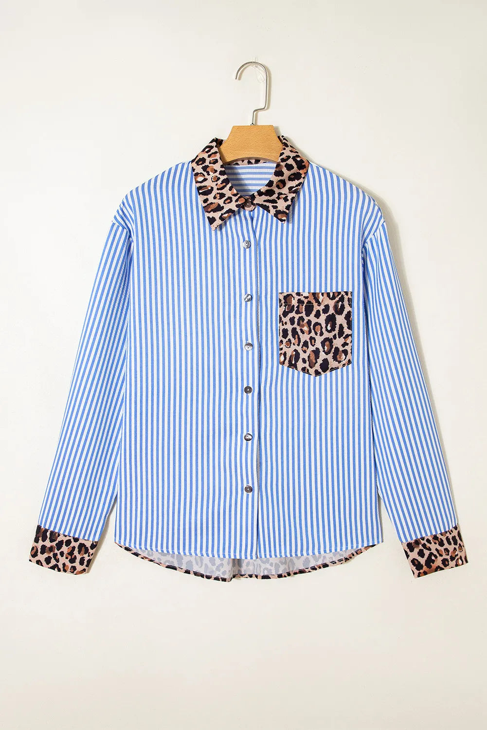 Striped Leopard Print Patchwork Button Up Shirt