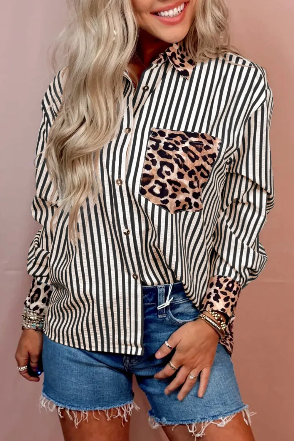 Striped Leopard Print Patchwork Button Up Shirt