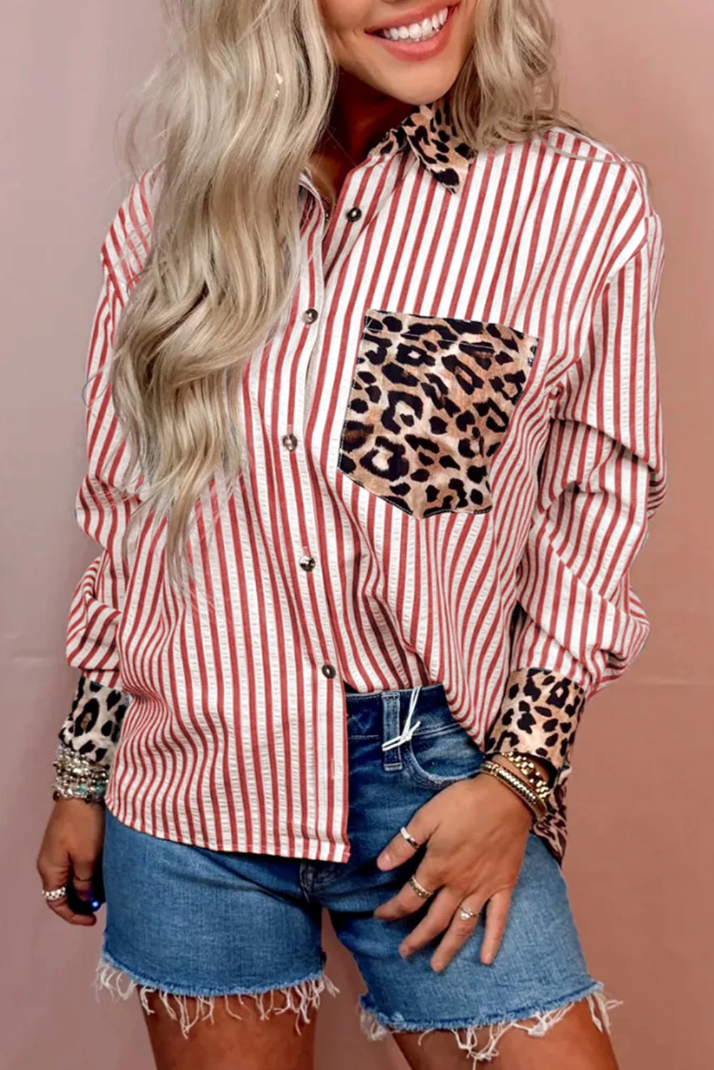 Striped Leopard Print Patchwork Button Up Shirt