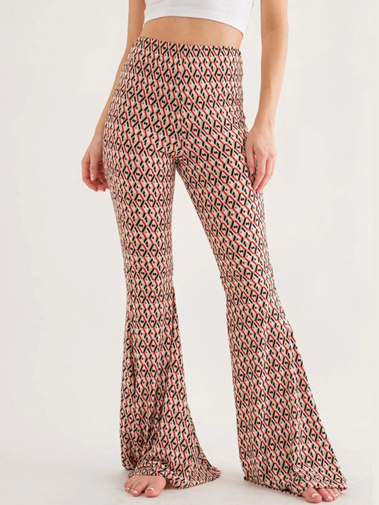 ELASTIC WAIST BELL LEG MULTI PRINT PANTS- Inseam 31IN