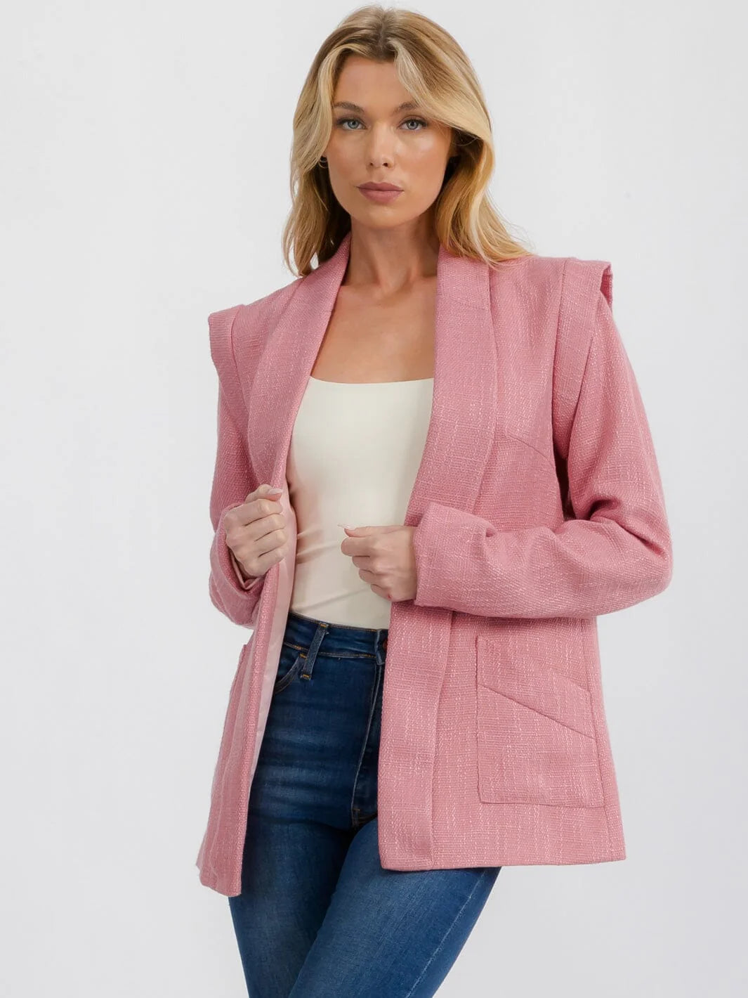 LONG SLEEVE OPEN FRONT SHOULDER DETAILED BLAZER