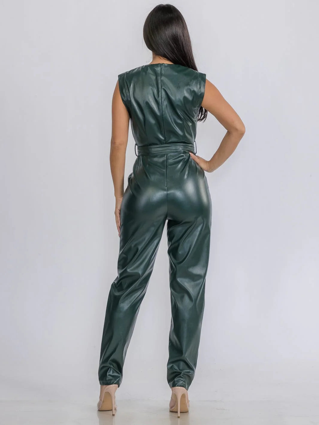 SLEEVELESS V-NECK SELF TIE POCKETS SKINNY LEG PU PLEATHER JUMPSUIT-Inseam 28IN