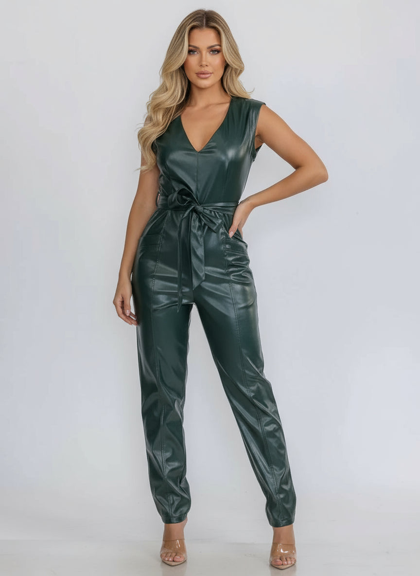 SLEEVELESS V-NECK SELF TIE POCKETS SKINNY LEG PU PLEATHER JUMPSUIT-Inseam 28IN