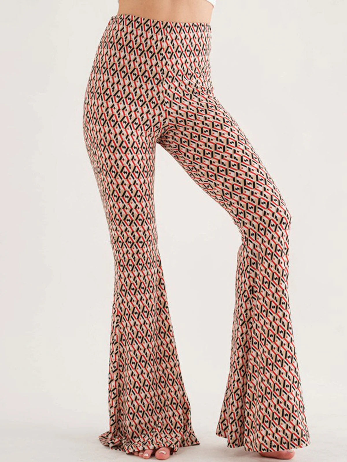 ELASTIC WAIST BELL LEG MULTI PRINT PANTS- Inseam 31IN