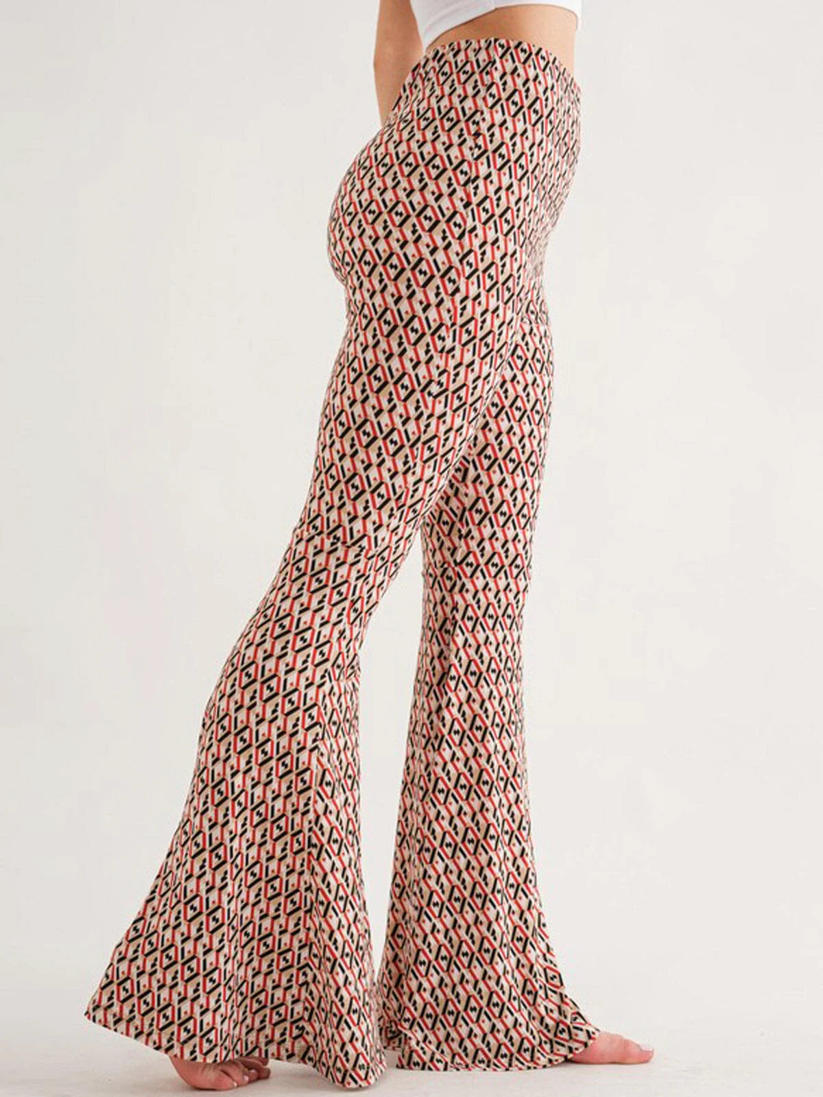 ELASTIC WAIST BELL LEG MULTI PRINT PANTS- Inseam 31IN