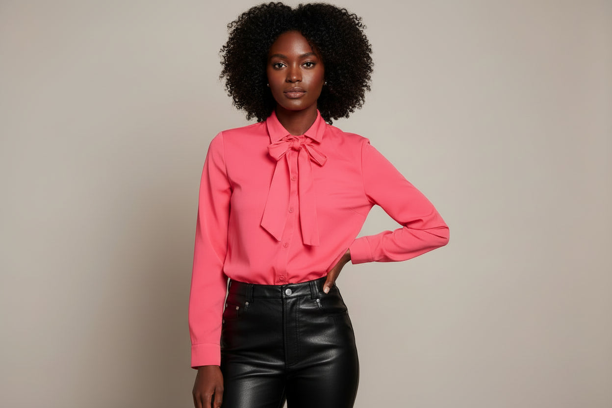 LONG SLEEVE BUTTON UP NECK TIE BLOUSE TOP