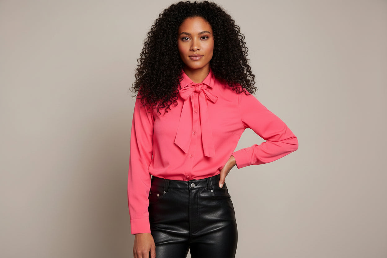 LONG SLEEVE BUTTON UP NECK TIE BLOUSE TOP