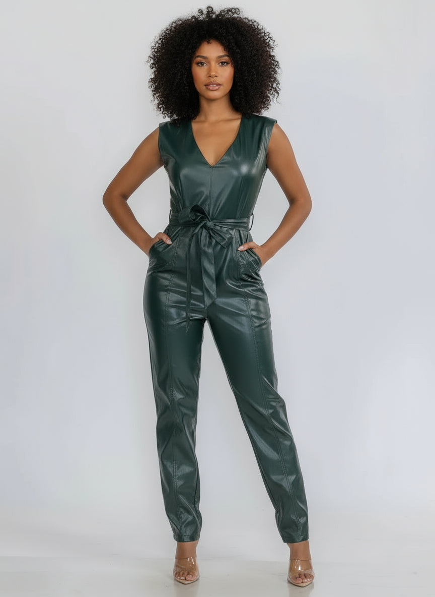 SLEEVELESS V-NECK SELF TIE POCKETS SKINNY LEG PU PLEATHER JUMPSUIT-Inseam 28IN