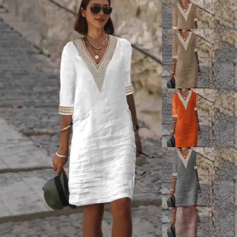 Solid Color V-neck Half Sleeve Cotton And Linen Casual Dress